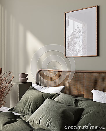 Poster frame mockup in bright bedroom interior background with rattan wooden furniture Stock Photo