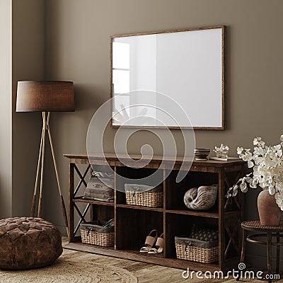 Poster frame mockup in farmhouse hallway interior Stock Photo