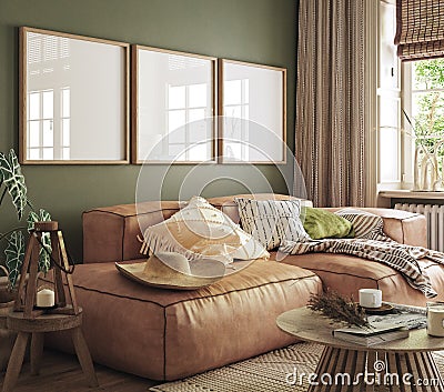 Poster frame mockup in home interior with old retro furniture Stock Photo