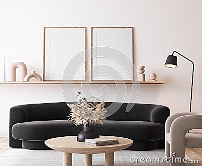 Poster frame mockup in modern living room, black minimal sofa on white wall background Stock Photo