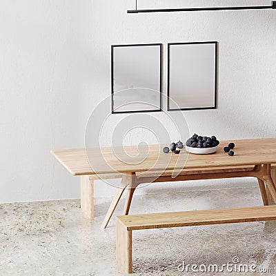 poster frames mock up in modern room minimalist interior with white all with sunlight and shadow, wooden table with benches, dinn Stock Photo