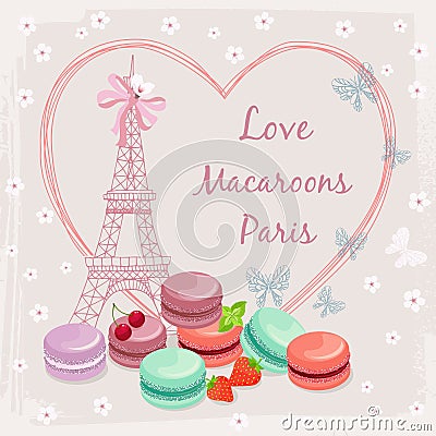 Poster with french macaroon cakes and the Eiffel Vector Illustration