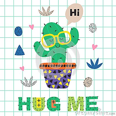 Poster with funny cactus in glasses Vector Illustration