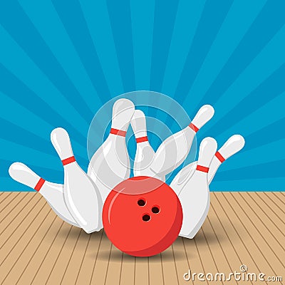 Poster games in the bowling club. Vector background design with strike at alley ball skittles. Flat illustration. Vector Illustration