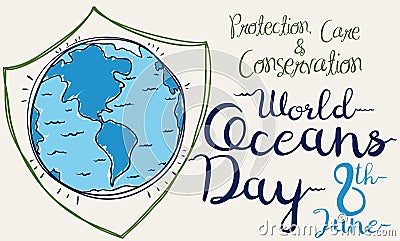 Poster with a giant Shield for World Oceans Day, Vector Illustration Vector Illustration