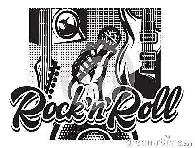 Poster with guitar, hand and Calligraphic inscription Rock and Roll Vector Illustration