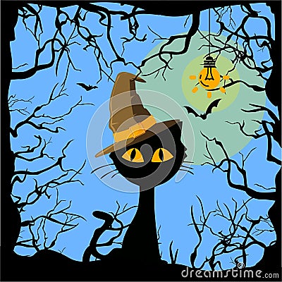 Poster. Halloween. The cat in the Hat Vector Illustration