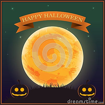 Poster Halloween Day , silhouette pumpkin lantern on grass under moon and star on night sky , vector illustration , banner text Vector Illustration