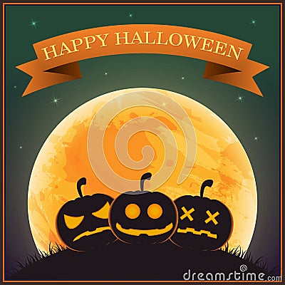 Poster Halloween Day , silhouette pumpkin lantern on grass under Vector Illustration