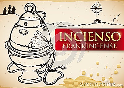 Hand Drawn Censer with Frankincense and Nativity Scene for Epiphany, Vector Illustration Vector Illustration