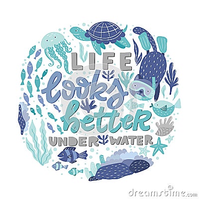 Poster with hand lettering and ocean creatures - fish, cat snorkeling, turtles, jellyfish, corals, seaweed Vector Illustration
