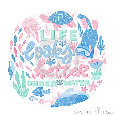 Poster with hand lettering and ocean creatures - fish, cat snorkeling, turtles, jellyfish, corals, seaweed Vector Illustration