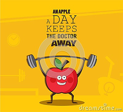 Poster of happy apple exercise at a gym. Healthy lifestyle motivation poster Vector Illustration