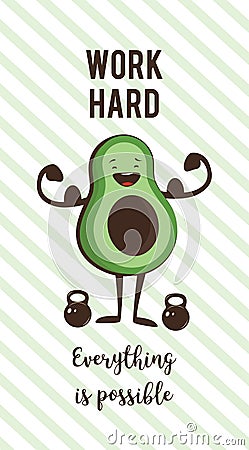 Poster of happy avocado exercise ad heavy lifting. Healthy lifestyle motivation poster Vector Illustration