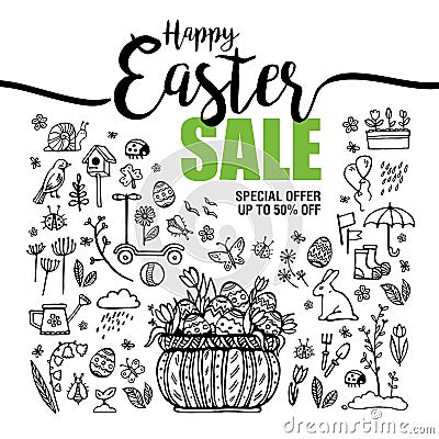 Poster Happy Easter sales, set of black icons and symbols with Basket with eggs on white background, Typography poster Vector Illustration