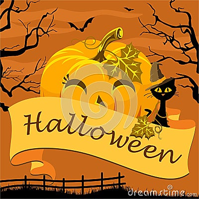 Poster Happy Halloween with pumpkin and cat Vector Illustration