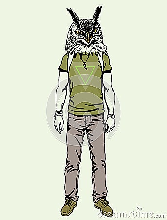 Poster in hipster style. Hand drawn illustration of fashion guy travel animal birds. Vector Cartoon Illustration