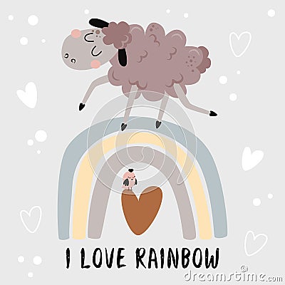 Poster I love rainbow with a lamb - vector illustration, eps Vector Illustration
