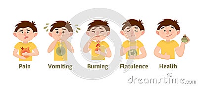 Poster with the image of a boy with symptoms of gastritis Vector Illustration