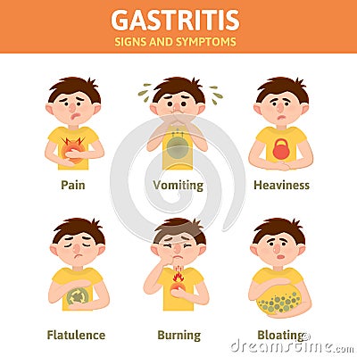 Poster with the image of a boy with symptoms of gastritis Vector Illustration