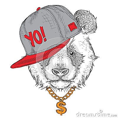 The poster with the image panda portrait in hip-hop hat. Vector Vector Illustration