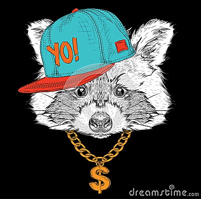 The poster with the image raccoon portrait in hip-hop hat. Vector illustration. Vector Illustration