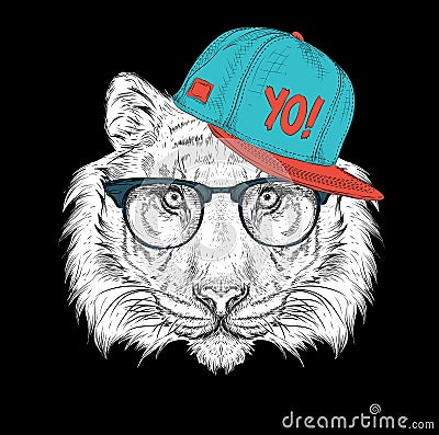 The poster with the image tiger portrait in hip-hop hat. Vector illustration. Vector Illustration