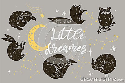 Poster with the inscription little dreamer, with animals and stars. Vector graphics Stock Photo