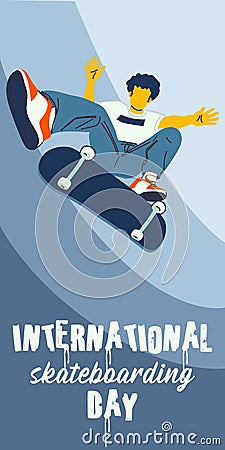 Poster International Skateboarding Day. A guy with a skateboard performs a jump on a blue background. Skateboard tricks Stock Photo