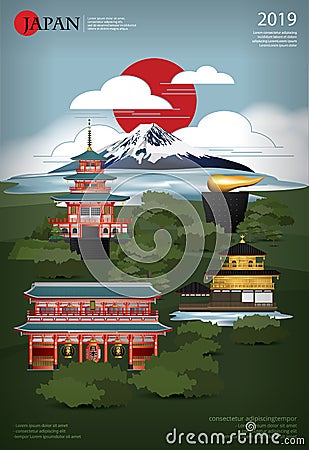 Poster Japan Landmark and Travel Attractions Vector Illustration