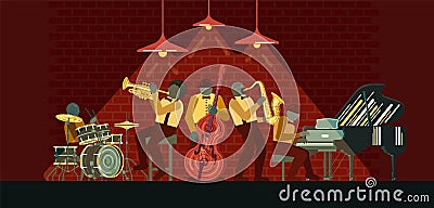 Jazz Band playing on musicail instruments piano, saxophone, double-bass, cornet and drums in Jazz Bar Vector Illustration