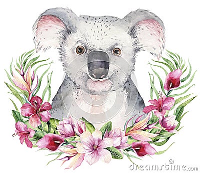 A poster with a koala. Watercolor cartoon koala tropical animal illustration. Jungle exotic summer print. Cartoon Illustration