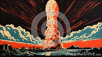 A poster with a large mushroom cloud in the sky, AI Stock Photo