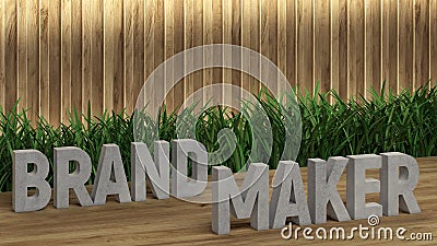 Poster lettering Brandmaker. Large letters on a wooden table. Modern decorative grass, backlit wall of wooden battens. Great loft Stock Photo