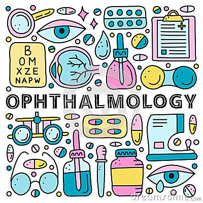 Poster with lettering and doodle colored ophthalmology icons. Vector Illustration