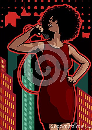 Poster with lights big night city, retro woman singer and moon. Red dress on woman. Retro microphone. Jazz, soul and blues live mu Vector Illustration