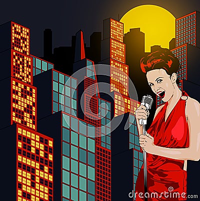 Poster with lights big night city, retro woman singer and moon. Red dress on woman. Retro microphone. Jazz, soul and blues live mu Vector Illustration