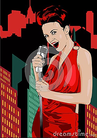 Poster with lights big night city, retro woman singer and moon. Red dress on woman. Retro microphone. Jazz, soul and blues live mu Vector Illustration