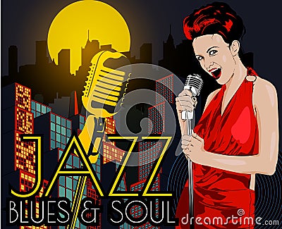 Poster with lights big night city, retro woman singer and moon. Red dress on woman. Retro microphone. Jazz, soul and blues live mu Vector Illustration