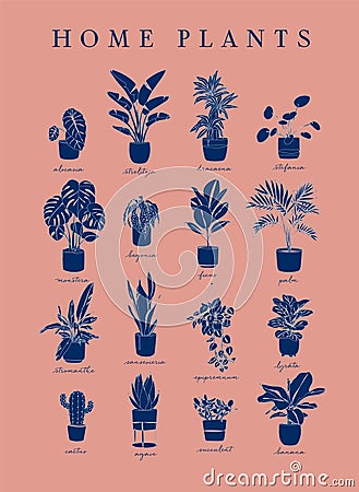 Poster linear home plants coral Vector Illustration