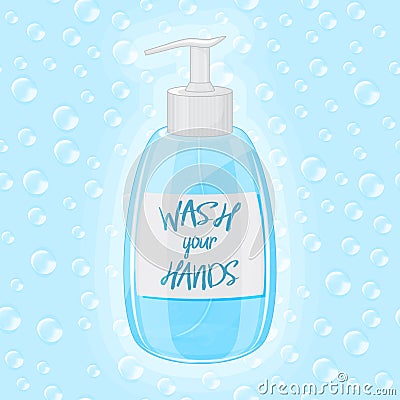 Poster with liquid soap in the package and bubbles, foam. Vector Illustration