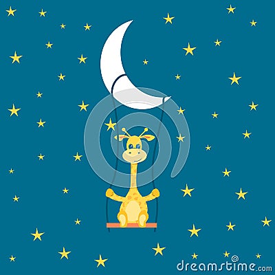 Poster with a little Giraffe riding a swing at night, kids and baby t-shirts and wear. Giraffe bathes in water. Vector Vector Illustration