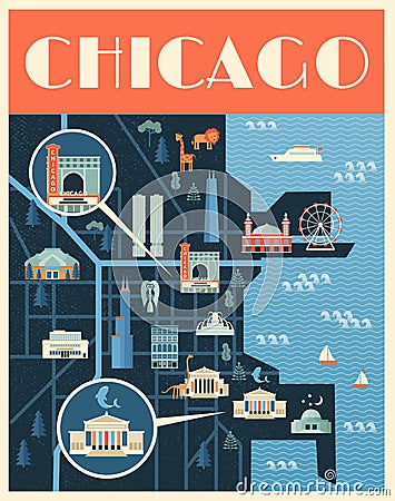 Poster with Map of Chicago landmarks Vector Illustration