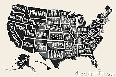 Poster map United States of America with state names Vector Illustration