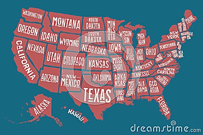 Poster map United States of America with state names Vector Illustration
