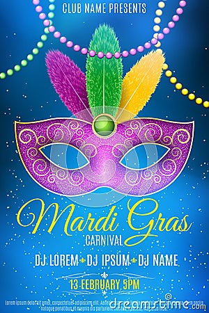 Poster for Mardi Gras carnival. Mask for a masquerade. Luxurious mask with colorful feathers. DJ name. Festive flyer. Blue smoke. Cartoon Illustration