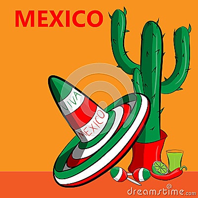 Poster Mexico with the image of the Mexican flag, sombrero, spicy chili peppers, maracas and a lot of cacti Vector Illustration