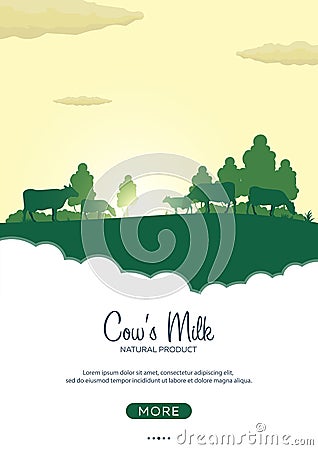 Poster Milk natural product. Rural landscape with mill and cows. Dawn in the village. Stock Photo