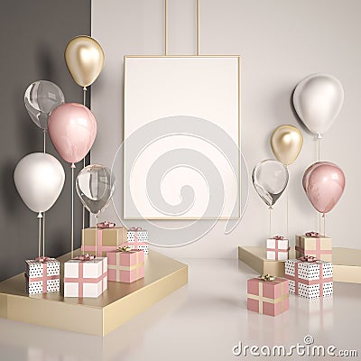 Poster mock up 3d render interior scene. Pastel pink and gold balloons with gift boxes on the white floor. Glass and metal element Cartoon Illustration