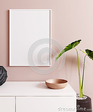 Poster mock up with decor close up, Pink wall background. Scandinavian style. 3d rendering Stock Photo